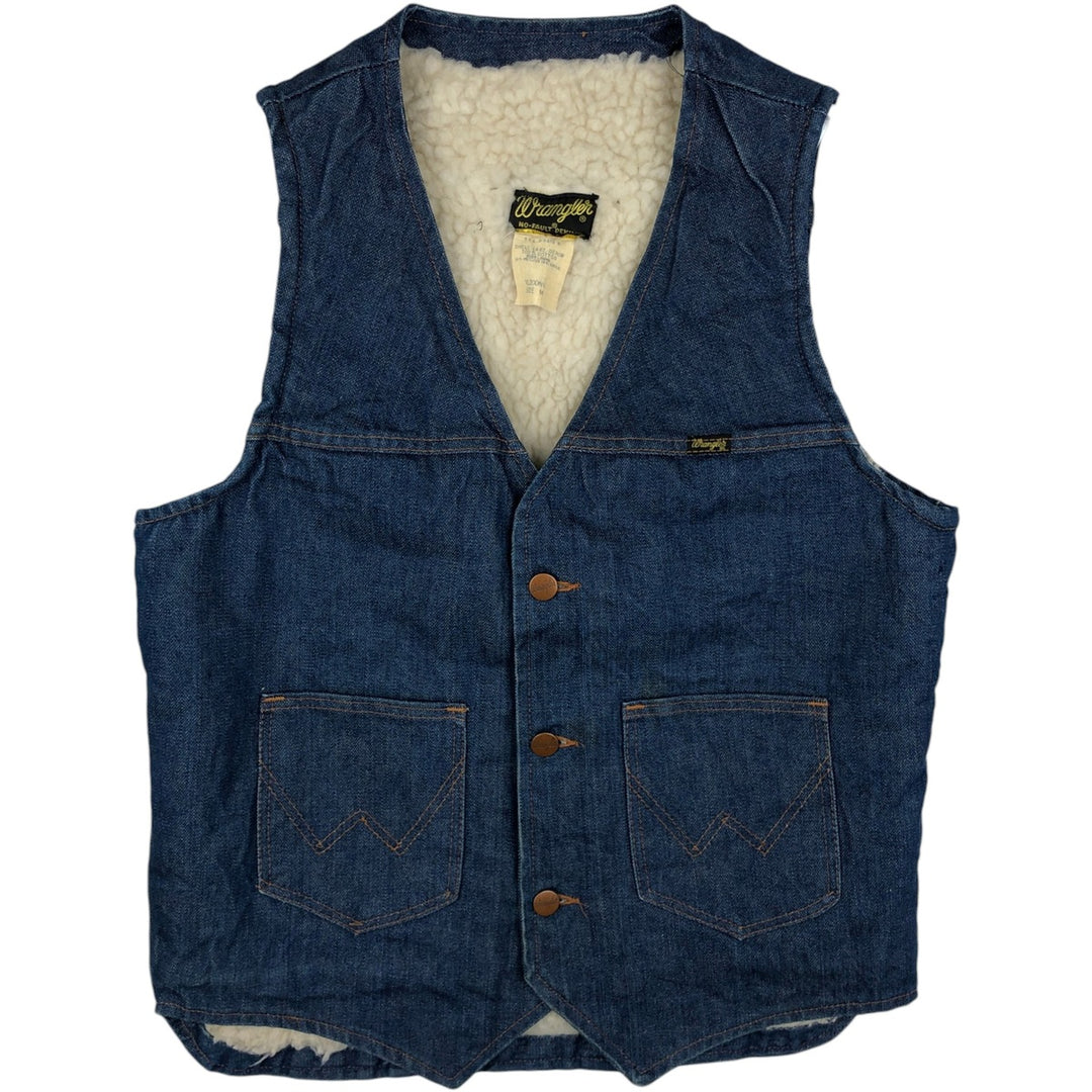 70s-80'S Wrangler NO-FAULT DENIMS Bat-dyed denim boa vest, men's size M equivalent, vintage. cotton blue type Vintage Second Hand