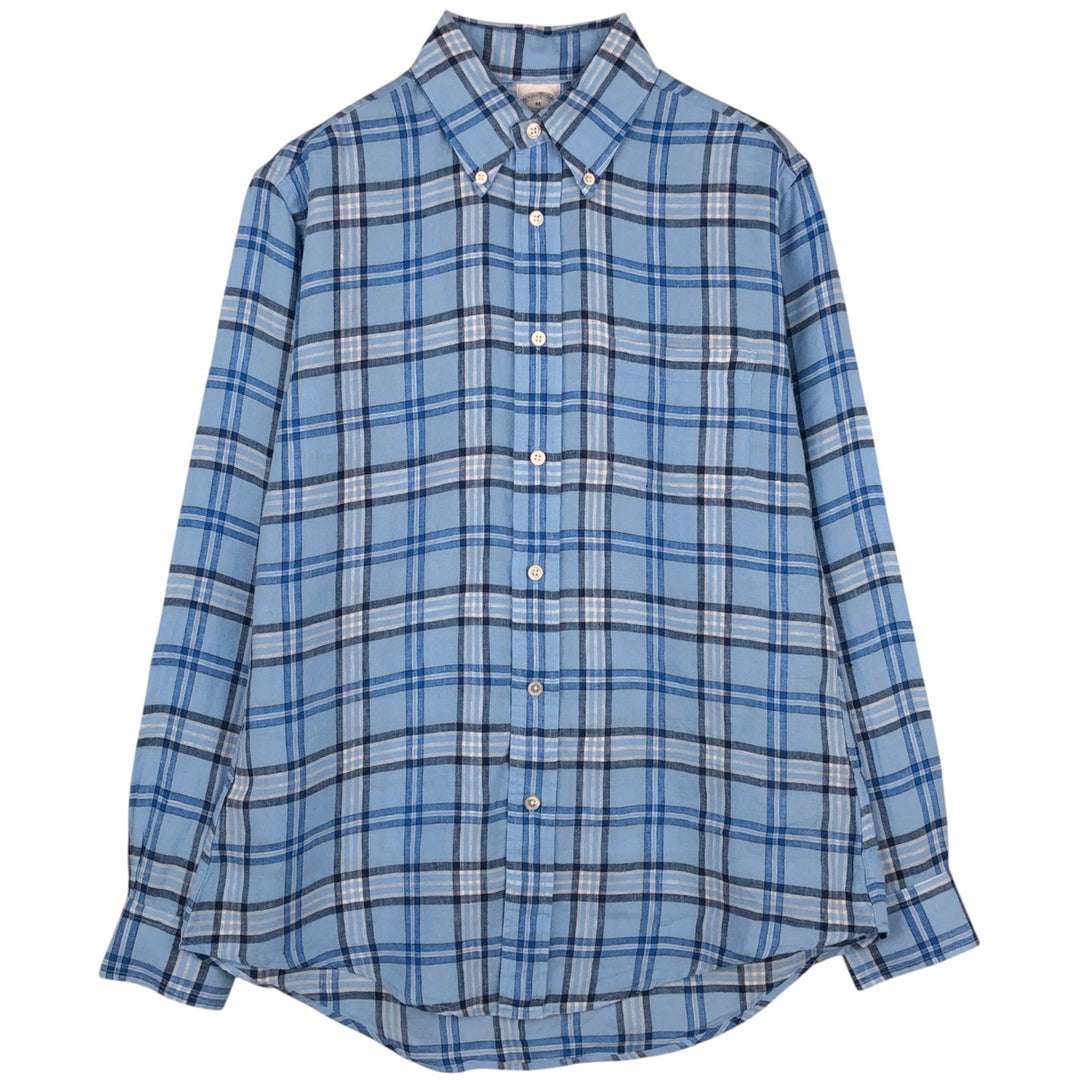 Brooks Brothers Est. 1818 REGENT Check Pattern Long Sleeve Linen Button-Down Shirt, Men's Size Medium linen blue type Vintage Second Hand
