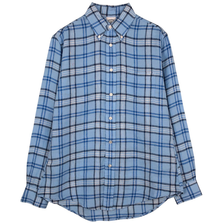 Brooks Brothers Est. 1818 REGENT Check Pattern Long Sleeve Linen Button-Down Shirt, Men's Size Medium linen blue type Vintage Second Hand
