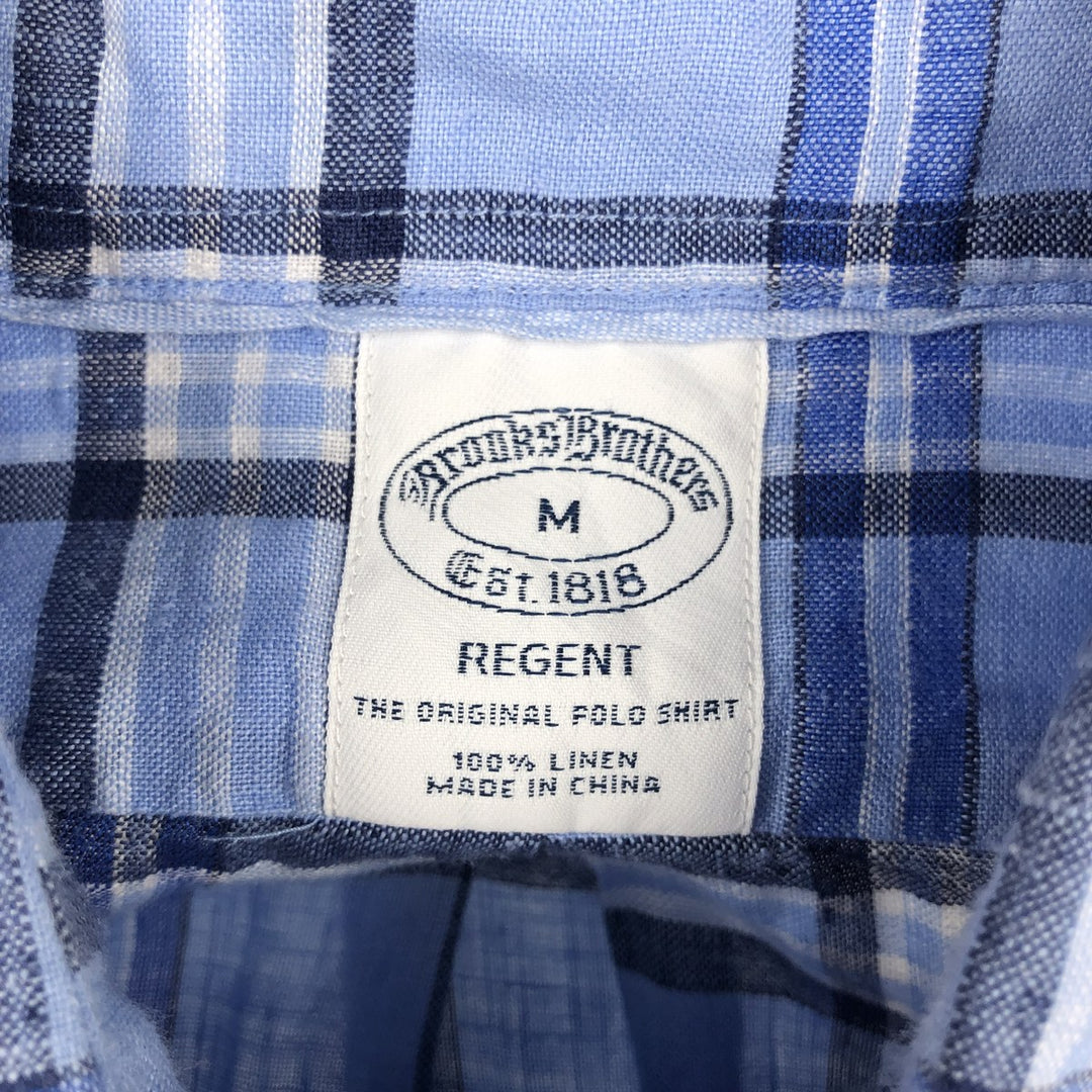 Brooks Brothers Est. 1818 REGENT Check Pattern Long Sleeve Linen Button-Down Shirt, Men's Size Medium linen blue type Vintage Second Hand