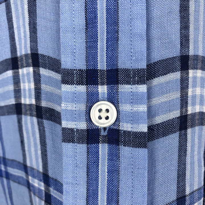 Brooks Brothers Est. 1818 REGENT Check Pattern Long Sleeve Linen Button-Down Shirt, Men's Size Medium linen blue type Vintage Second Hand