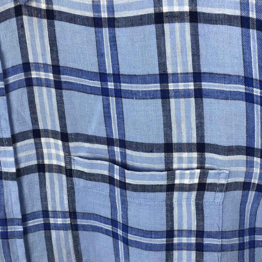 Brooks Brothers Est. 1818 REGENT Check Pattern Long Sleeve Linen Button-Down Shirt, Men's Size Medium linen blue type Vintage Second Hand