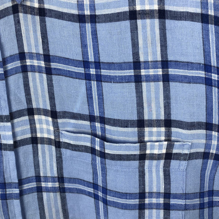 Brooks Brothers Est. 1818 REGENT Check Pattern Long Sleeve Linen Button-Down Shirt, Men's Size Medium linen blue type Vintage Second Hand