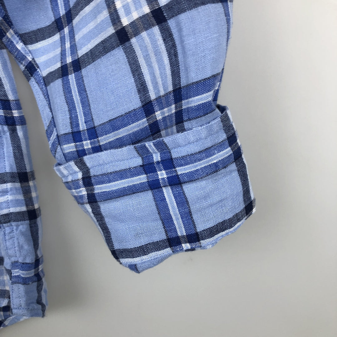 Brooks Brothers Est. 1818 REGENT Check Pattern Long Sleeve Linen Button-Down Shirt, Men's Size Medium linen blue type Vintage Second Hand