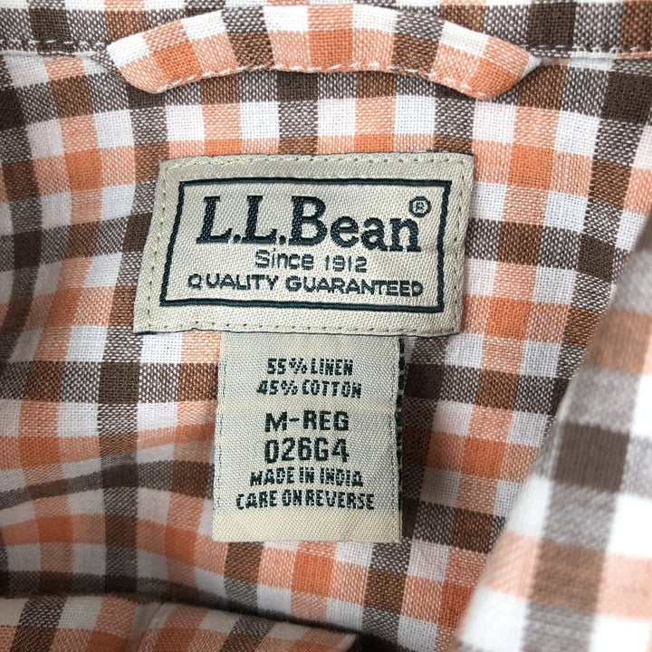 90s-00'S LLBean Check Pattern Long-Sleeve Cotton x Linen Shirt, Men's Size M (Equivalent), Vintage linen orange type Vintage Second Hand