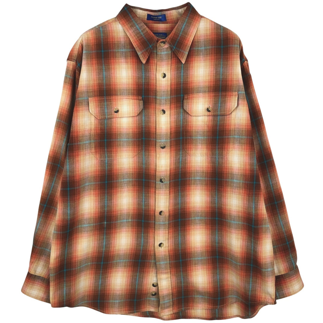 2000'S Pendleton Long-Sleeve Cotton Check Shirt, Men's Size XL (approx.) Pima Cotton orange type Vintage Second Hand
