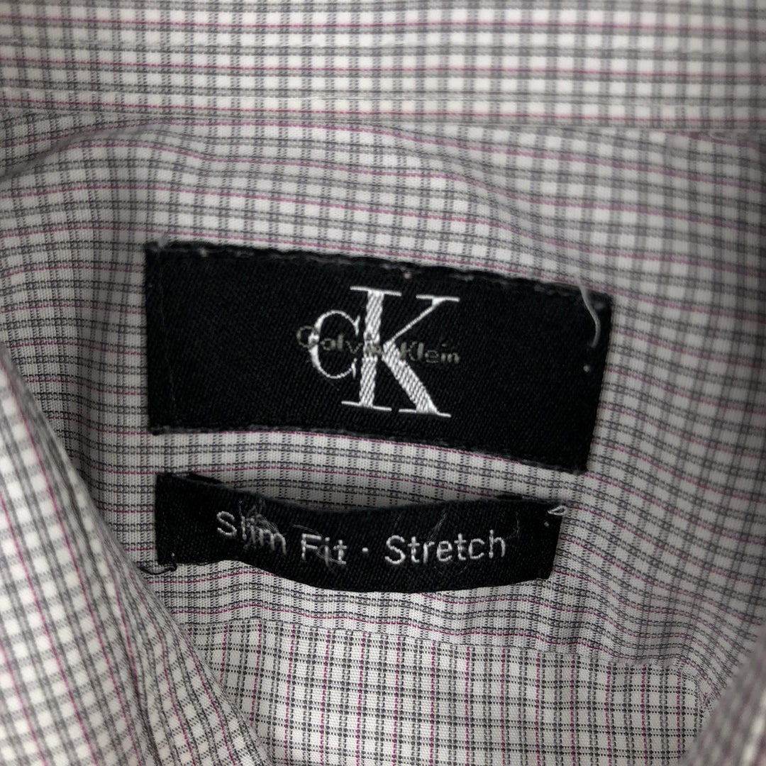 Calvin Klein Slim Fit Stretch Wide Collar Long Sleeve Cotton Check Shirt, Men's Size L (approx.) cotton white type Vintage Second Hand