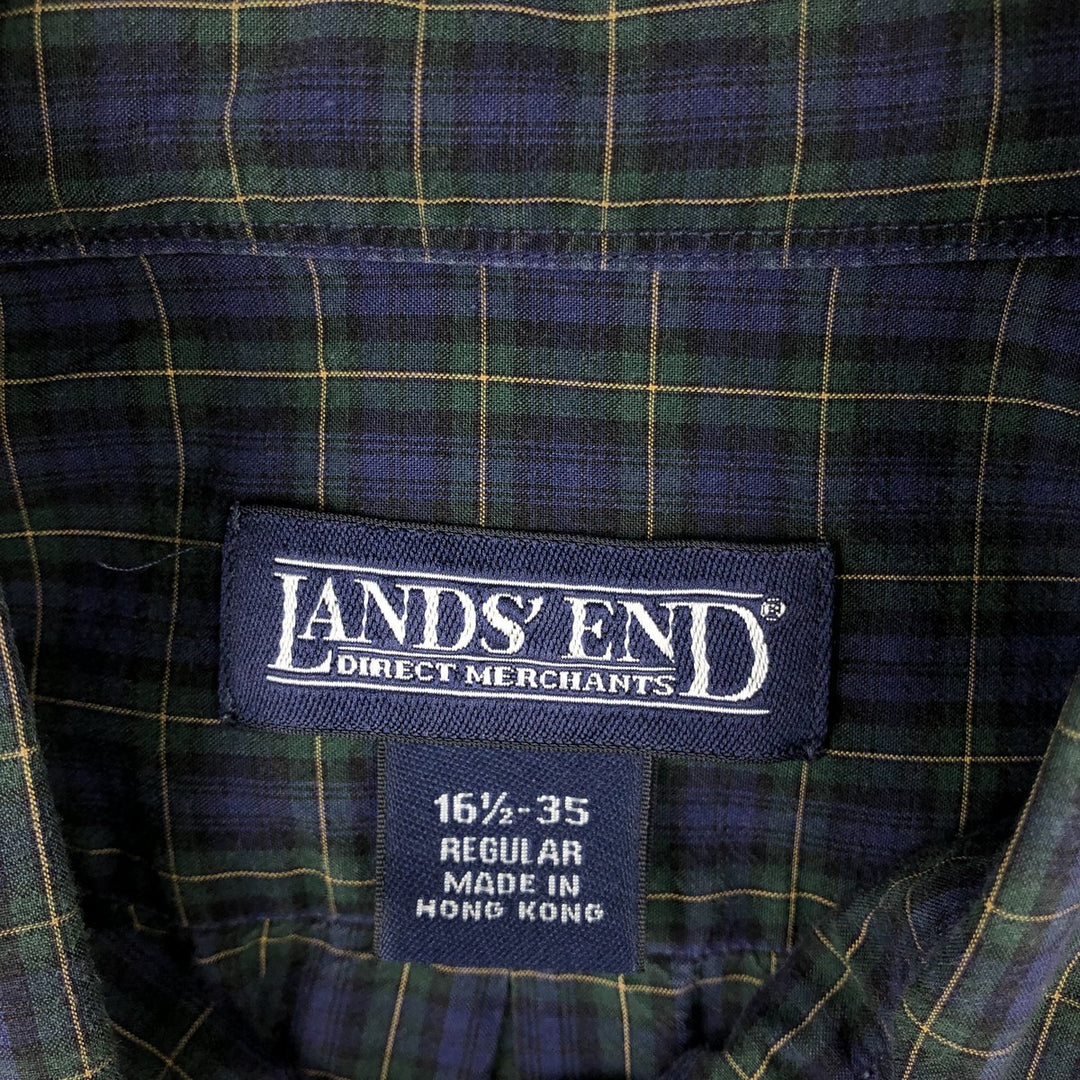 ~2000'S Lands' End Short-Sleeve Button-Down Check Shirt, Men's Size L (approx.) cotton navy blue type Vintage Second Hand