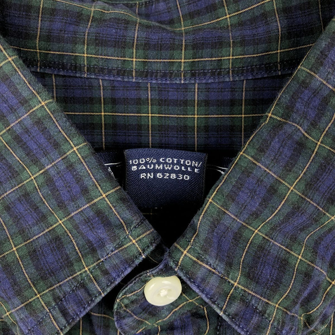 ~2000'S Lands' End Short-Sleeve Button-Down Check Shirt, Men's Size L (approx.) cotton navy blue type Vintage Second Hand