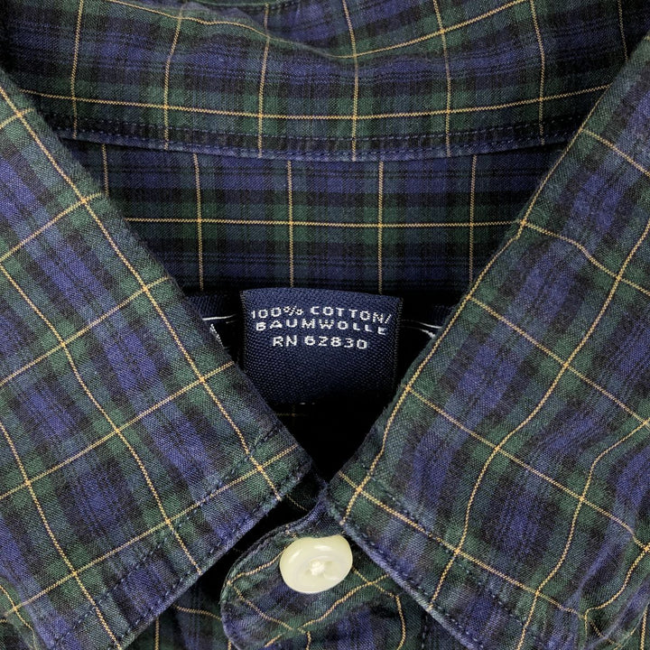 ~2000'S Lands' End Short-Sleeve Button-Down Check Shirt, Men's Size L (approx.) cotton navy blue type Vintage Second Hand