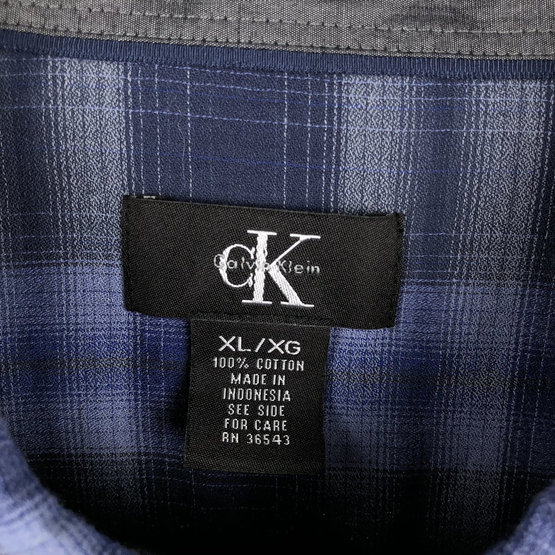 90s-00'S Calvin Klein ombre check short-sleeved button-down check shirt, men's size XL (approx.) cotton blue type Vintage Second Hand