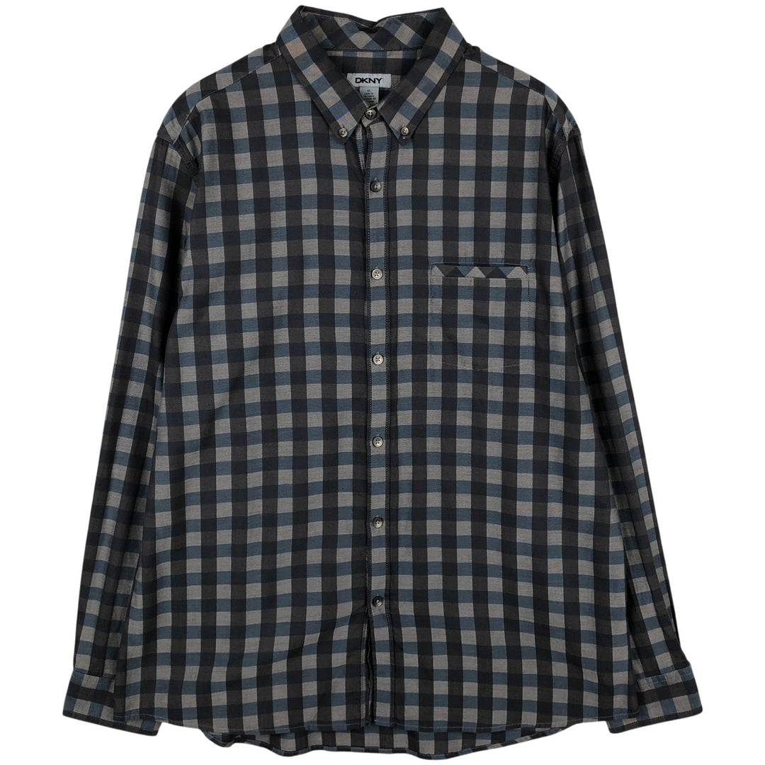 Donna Karan New York (DKNY) Short-Sleeve Button-Down Check Shirt, Men's Size XL (approx.) cotton gray type Vintage Second Hand