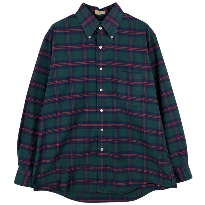 70s-80'S LL Bean Long-Sleeve Cotton Check Shirt, Made in USA, Men's Size L (Equivalent), Vintage cotton green type Vintage Second Hand