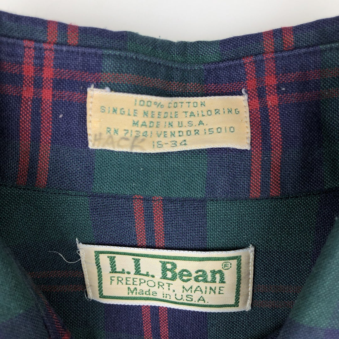 70s-80'S LL Bean Long-Sleeve Cotton Check Shirt, Made in USA, Men's Size L (Equivalent), Vintage cotton green type Vintage Second Hand