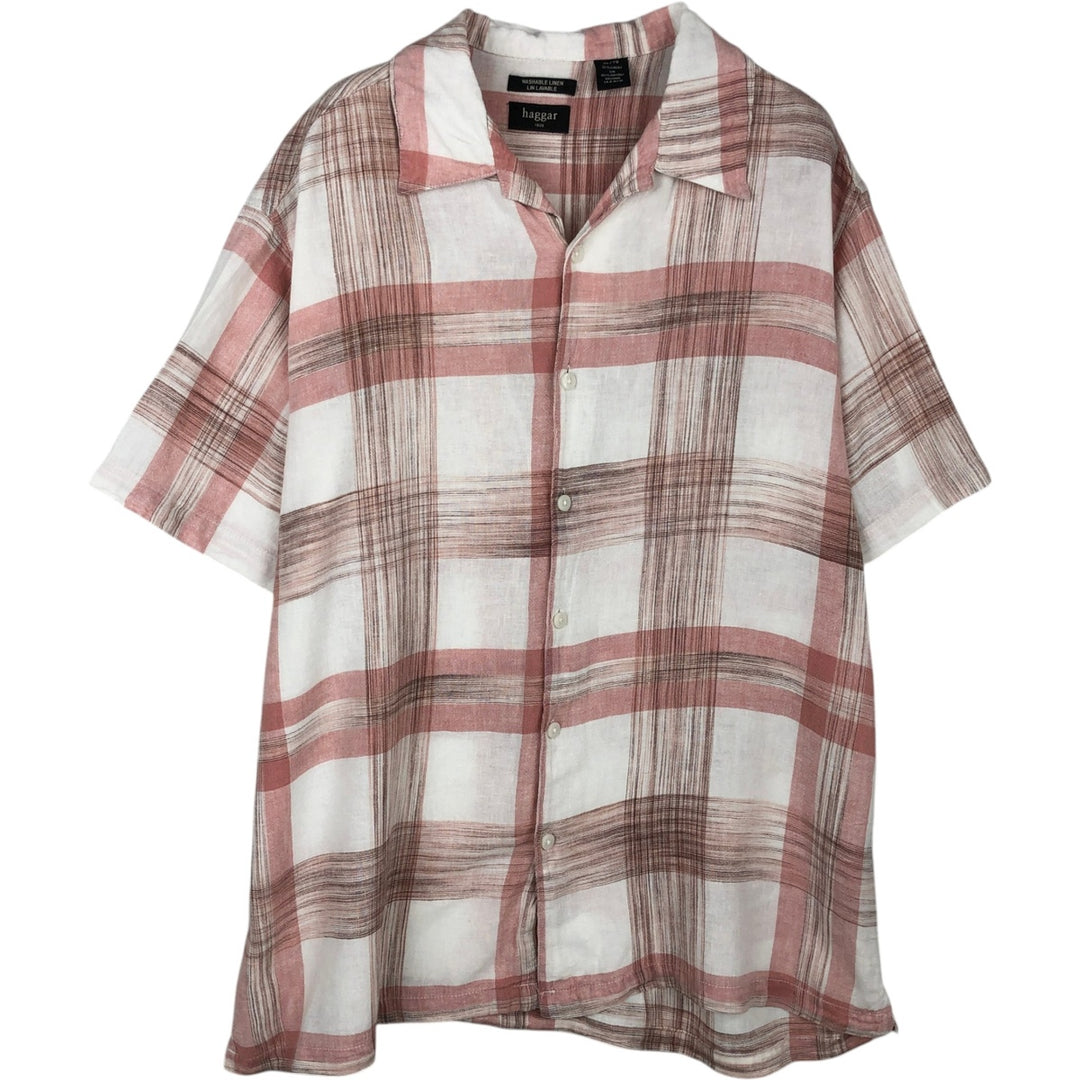 Hugger Washable Linen Lavable Check Pattern Short-Sleeve Open Collar Rayon x Linen Shirt, Boxy Shirt, Men's XL Equivalent linen white type Vintage Second Hand