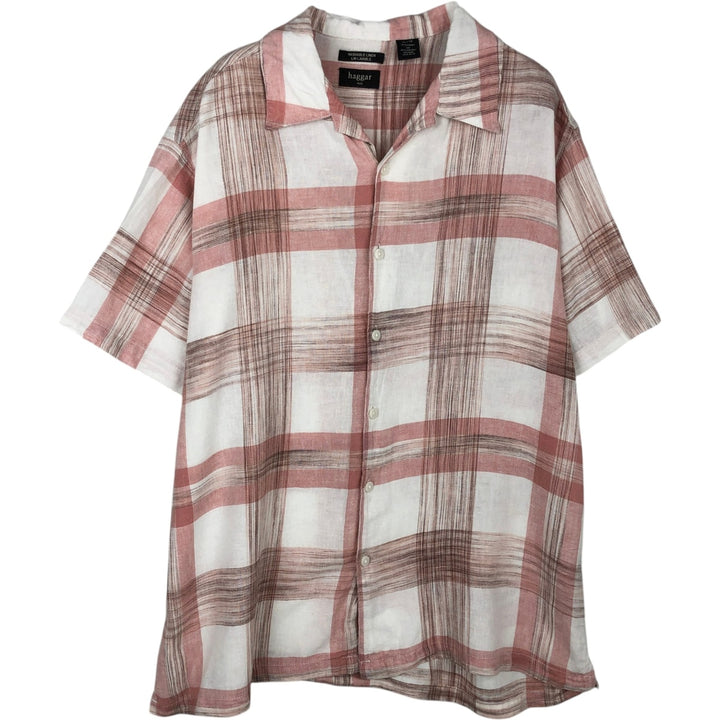 Hugger Washable Linen Lavable Check Pattern Short-Sleeve Open Collar Rayon x Linen Shirt, Boxy Shirt, Men's XL Equivalent linen white type Vintage Second Hand