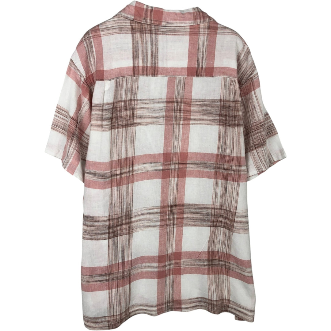 Hugger Washable Linen Lavable Check Pattern Short-Sleeve Open Collar Rayon x Linen Shirt, Boxy Shirt, Men's XL Equivalent linen white type Vintage Second Hand