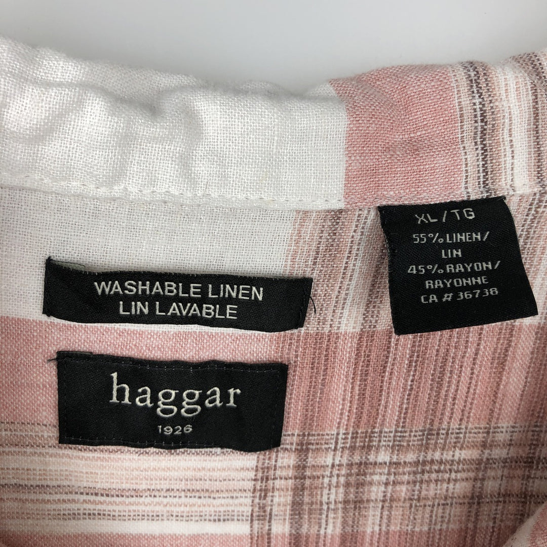 Hugger Washable Linen Lavable Check Pattern Short-Sleeve Open Collar Rayon x Linen Shirt, Boxy Shirt, Men's XL Equivalent linen white type Vintage Second Hand