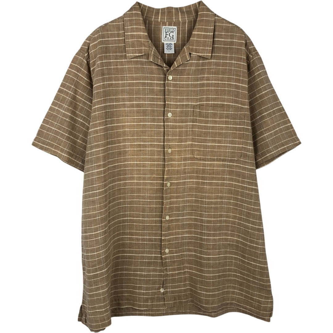 Vintage 90s-00'S FIELD GEAR check pattern short-sleeved open-collar cotton x linen shirt, boxy fit, men's size L. linen Beige type Vintage Second Hand