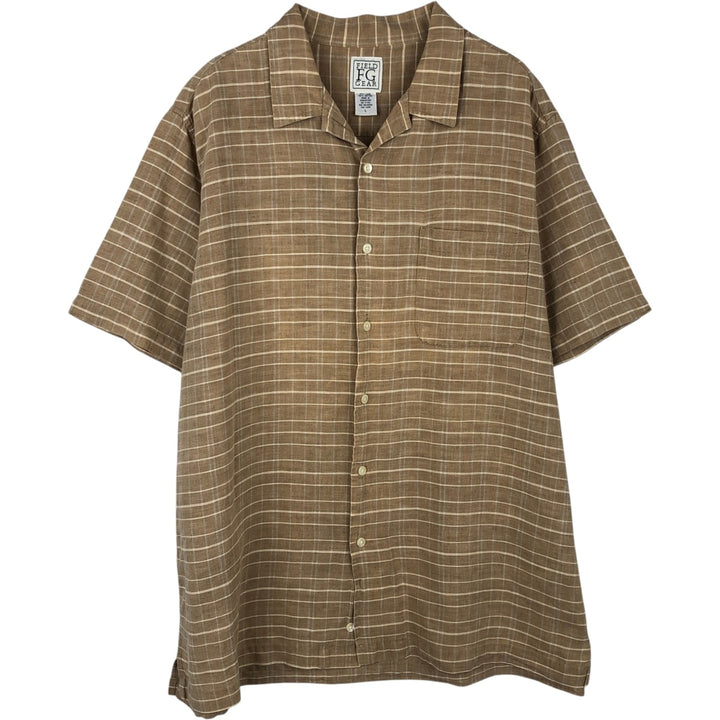 Vintage 90s-00'S FIELD GEAR check pattern short-sleeved open-collar cotton x linen shirt, boxy fit, men's size L. linen Beige type Vintage Second Hand