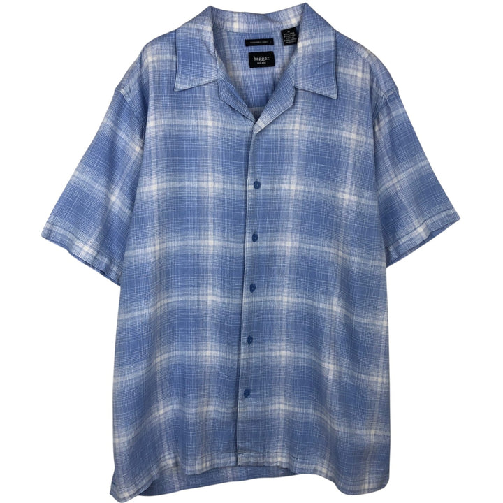 Haggar Washable Linen Check Pattern Short-Sleeve Open Collar Rayon x Linen Box Shirt (Men's XL equivalent) linen Blue type light blue Vintage Second Hand