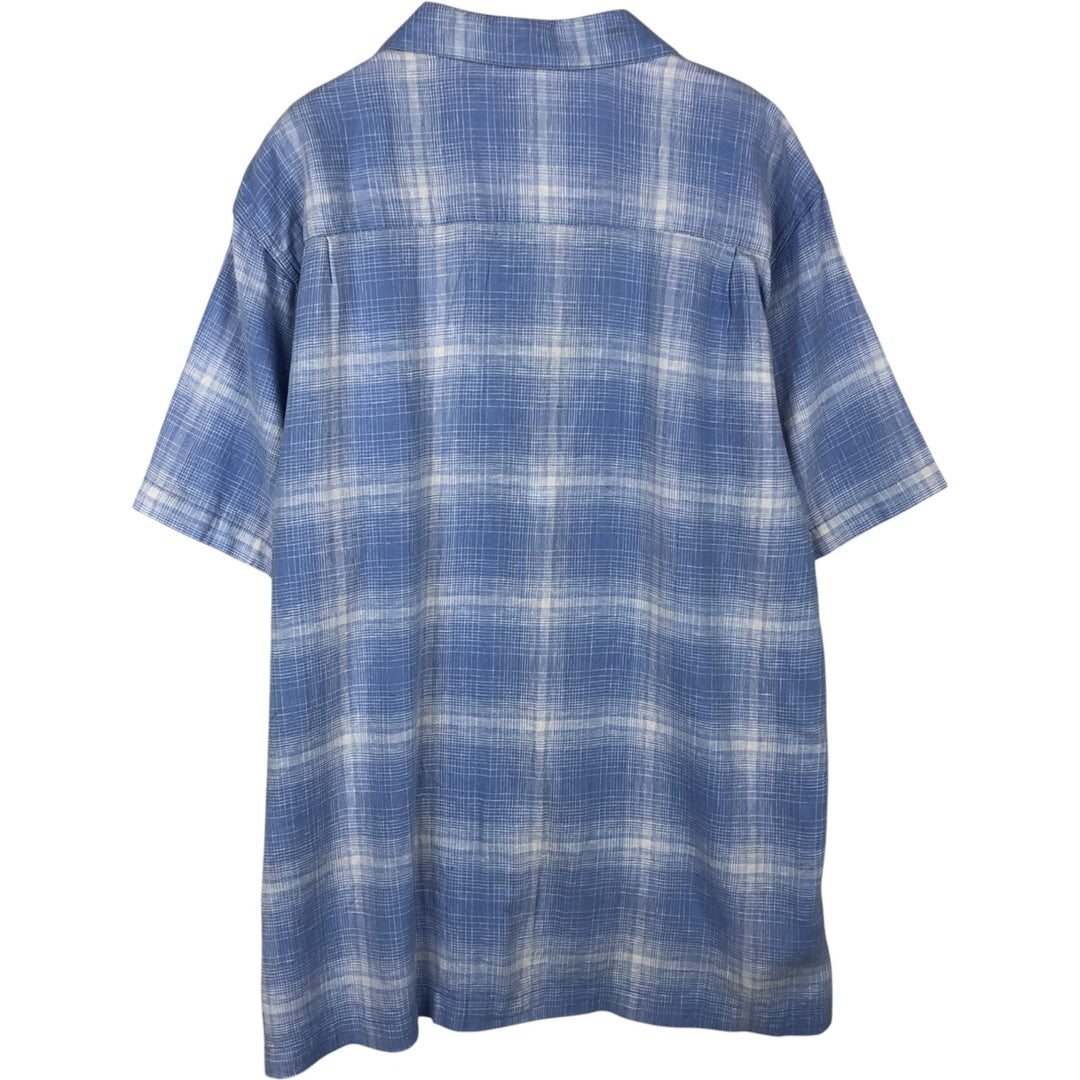 Haggar Washable Linen Check Pattern Short-Sleeve Open Collar Rayon x Linen Box Shirt (Men's XL equivalent) linen Blue type light blue Vintage Second Hand