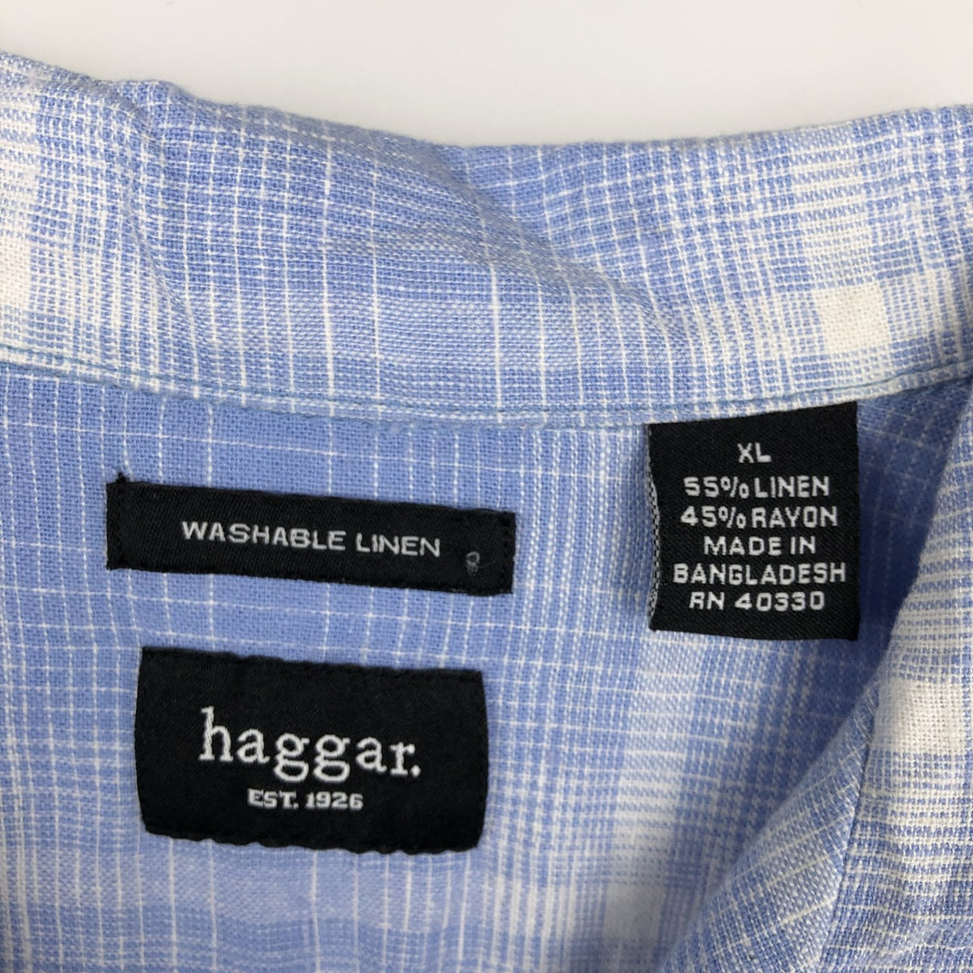 Haggar Washable Linen Check Pattern Short-Sleeve Open Collar Rayon x Linen Box Shirt (Men's XL equivalent) linen Blue type light blue Vintage Second Hand