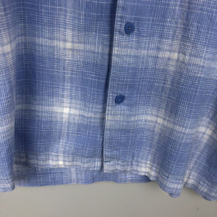Haggar Washable Linen Check Pattern Short-Sleeve Open Collar Rayon x Linen Box Shirt (Men's XL equivalent) linen Blue type light blue Vintage Second Hand