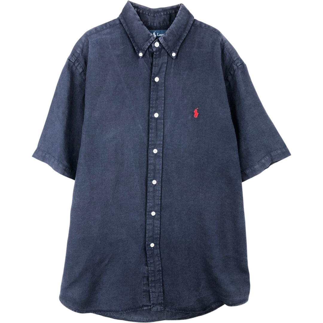 Ralph Lauren Classic Fit short sleeve linen button down shirt, men's size L linen navy blue type Vintage Second Hand