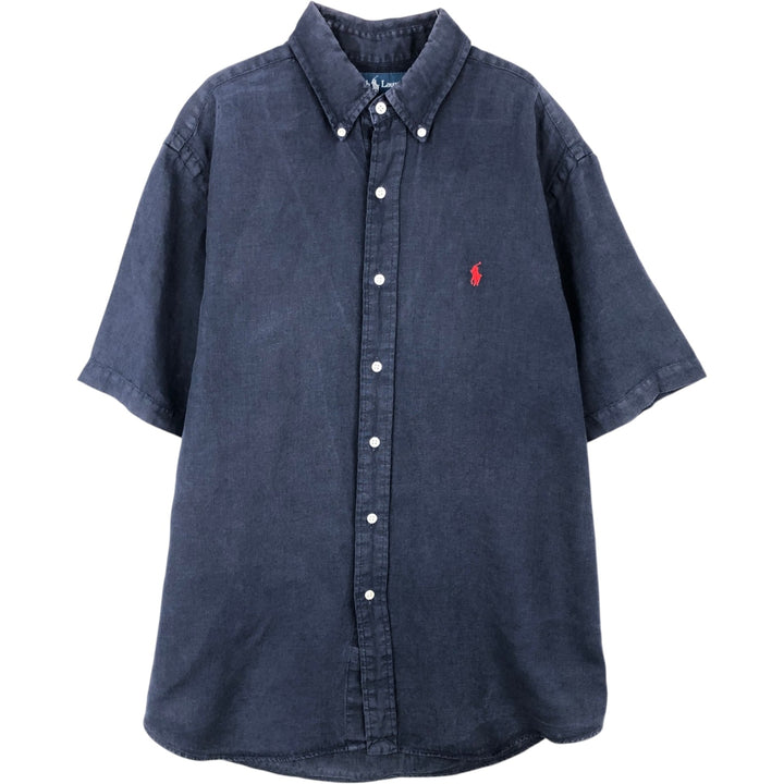 Ralph Lauren Classic Fit short sleeve linen button down shirt, men's size L linen navy blue type Vintage Second Hand