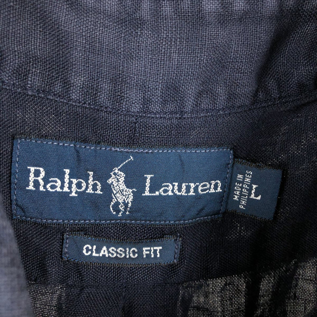 Ralph Lauren Classic Fit short sleeve linen button down shirt, men's size L linen navy blue type Vintage Second Hand