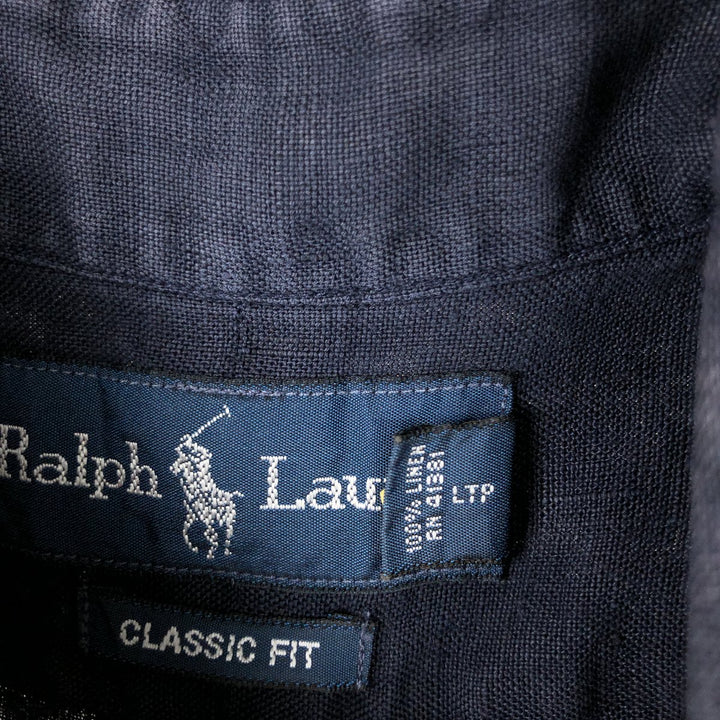 Ralph Lauren Classic Fit short sleeve linen button down shirt, men's size L linen navy blue type Vintage Second Hand
