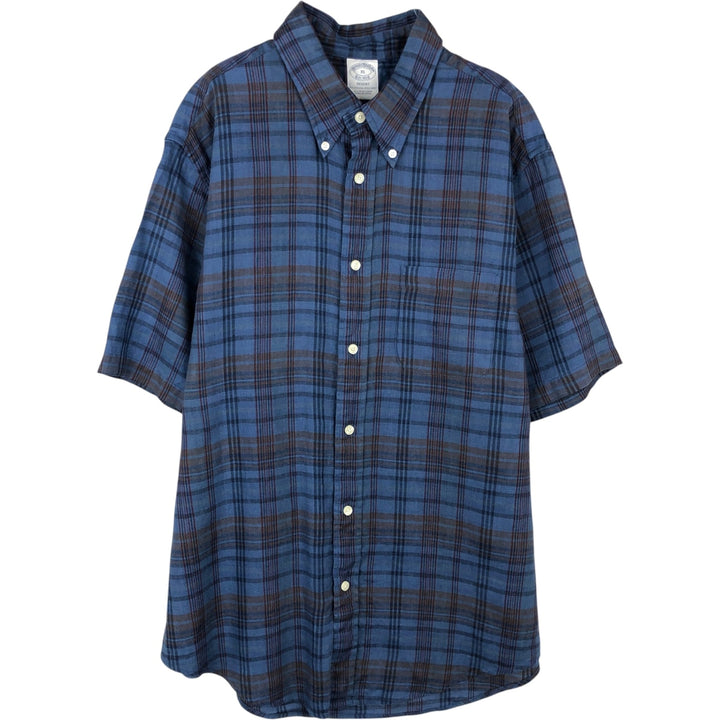 Brooks Brothers Est.1818 Short Sleeve Button-Down Check Shirt, Men's XL linen Blue type light blue Vintage Second Hand
