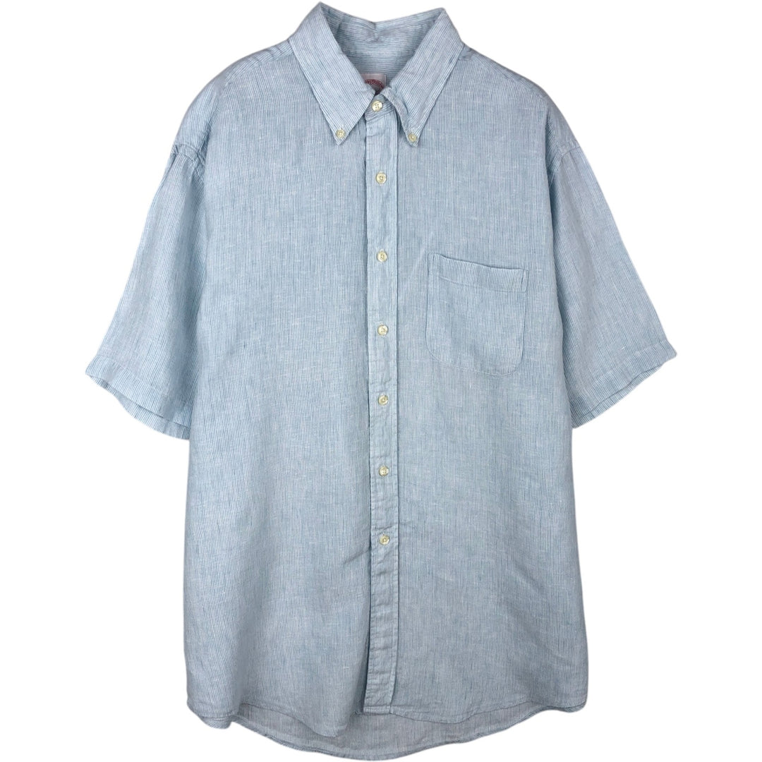 Brooks Brothers 346 short sleeve button down striped shirt, men's size L linen Blue type light blue Vintage Second Hand