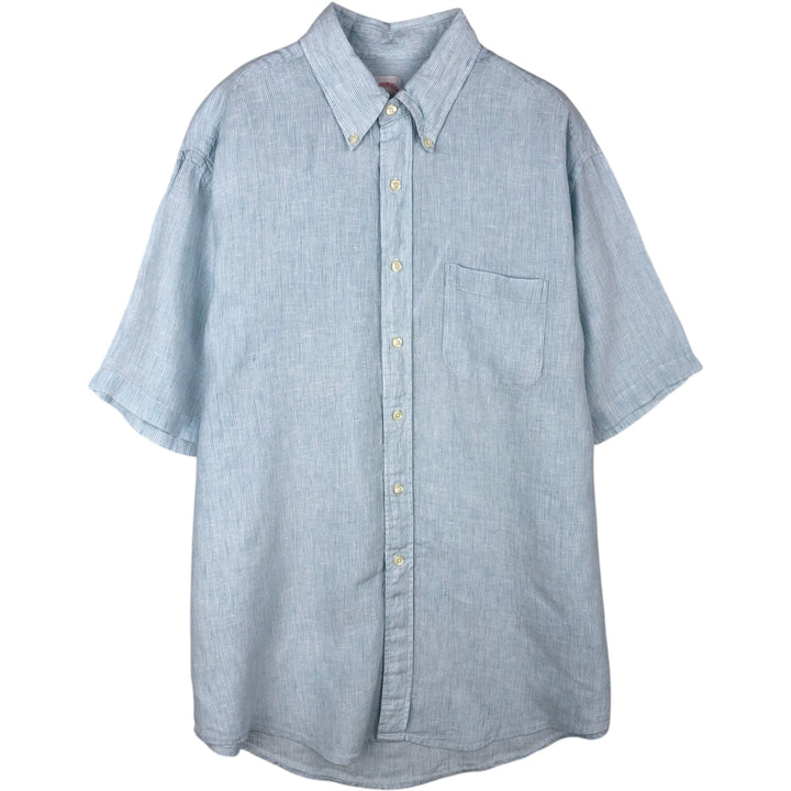 Brooks Brothers 346 short sleeve button down striped shirt, men's size L linen Blue type light blue Vintage Second Hand