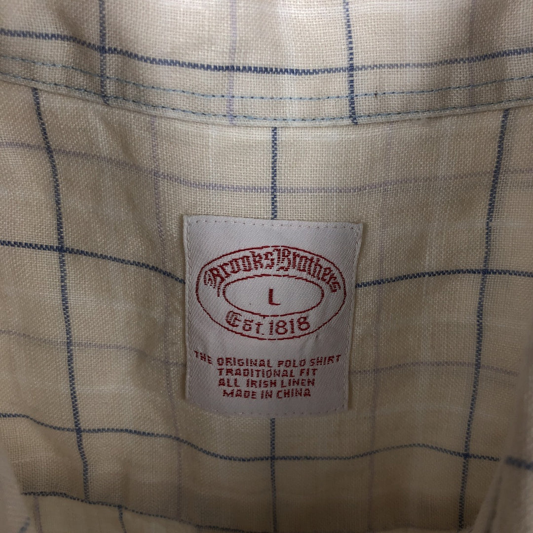 Brooks Brothers Est.1818 Short Sleeve Button-Down Check Shirt, Men's Size L linen Beige type Vintage Second Hand