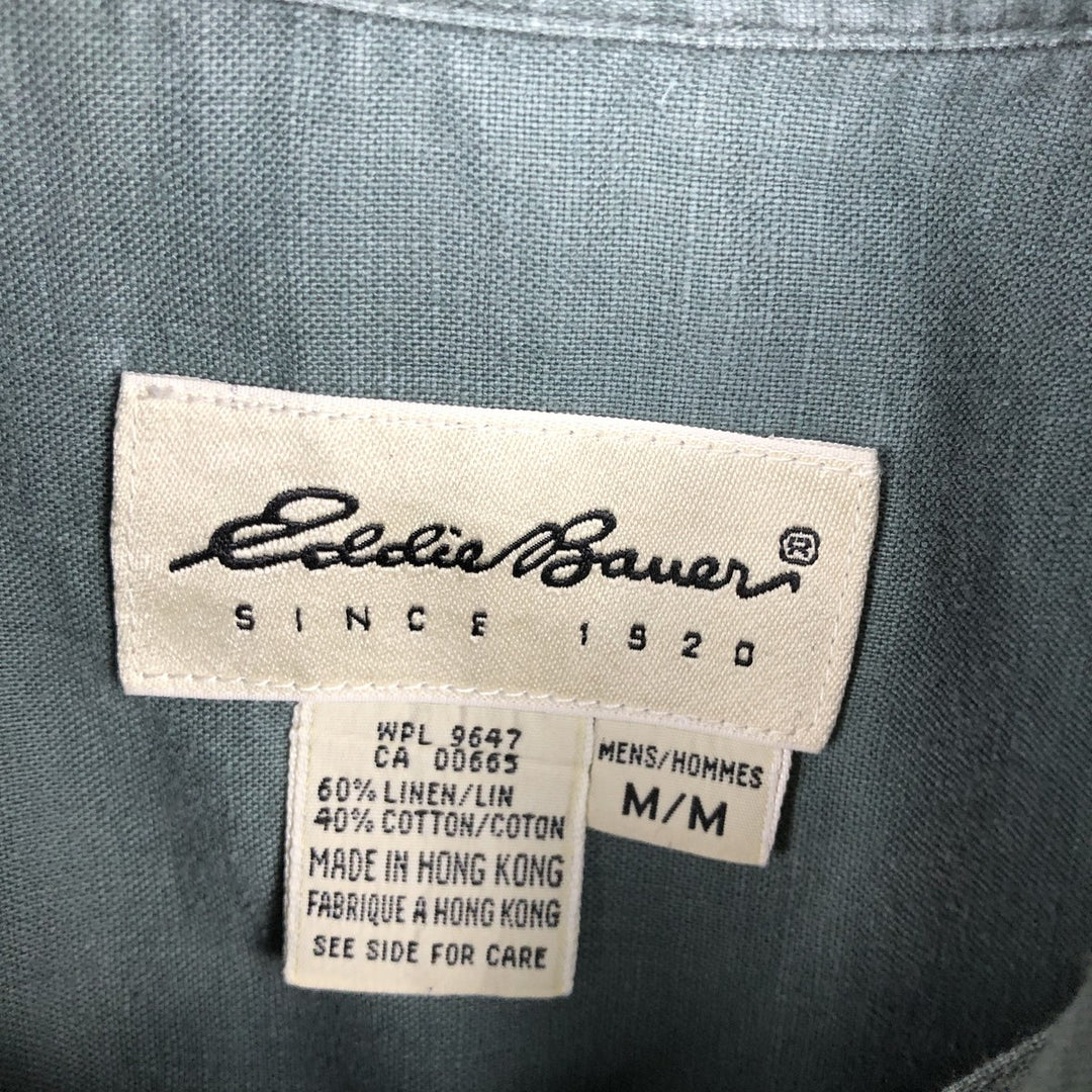 Eddie Bauer short sleeve linen button down shirt, size M for men linen green type Vintage Second Hand