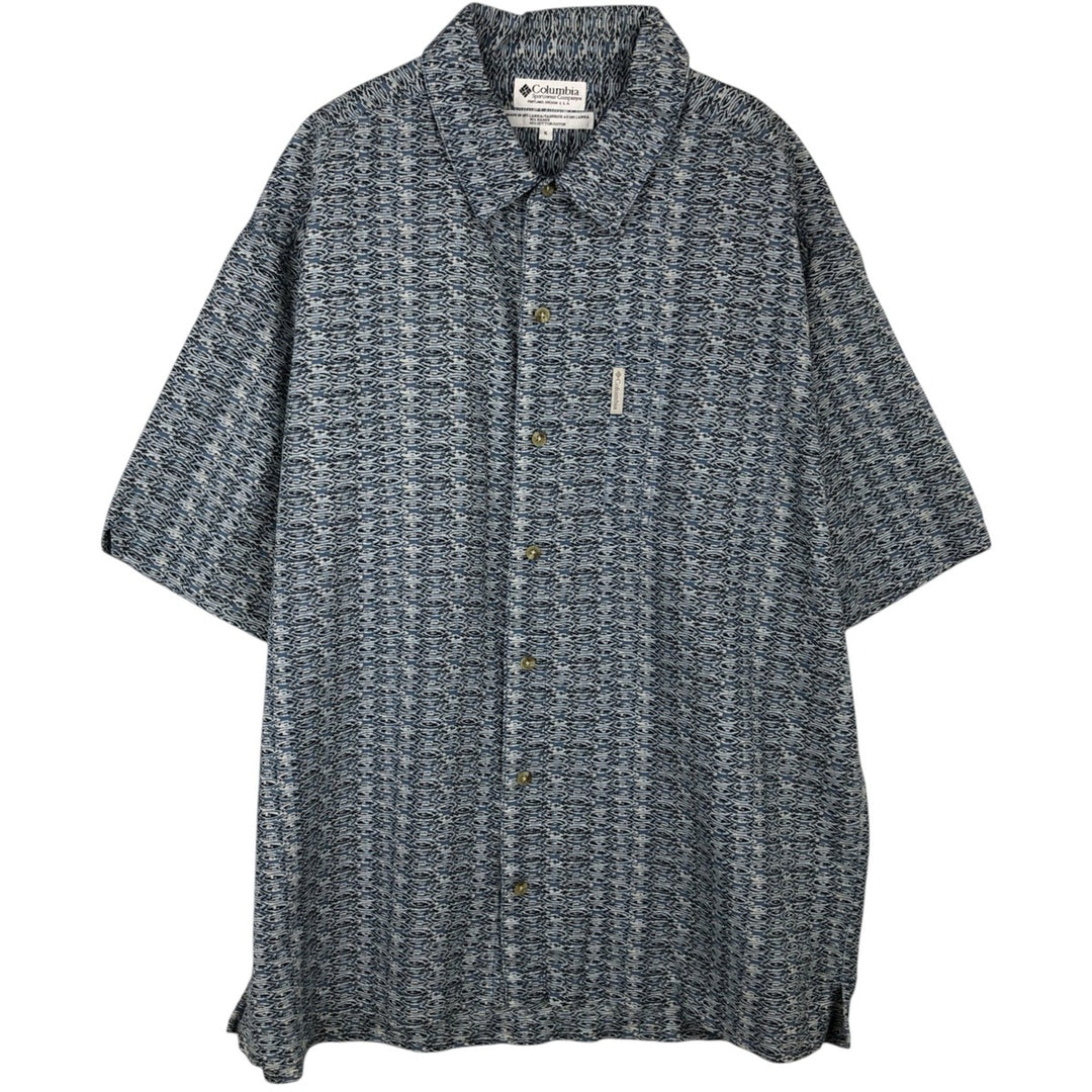 90s-00'S Columbia all-over print short-sleeved cotton x linen shirt, boxy style, men's size XL equivalent, vintage. linen Blue type light blue Vintage Second Hand