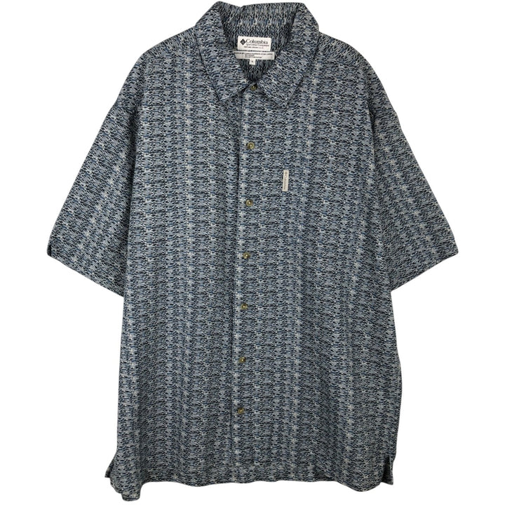 90s-00'S Columbia all-over print short-sleeved cotton x linen shirt, boxy style, men's size XL equivalent, vintage. linen Blue type light blue Vintage Second Hand