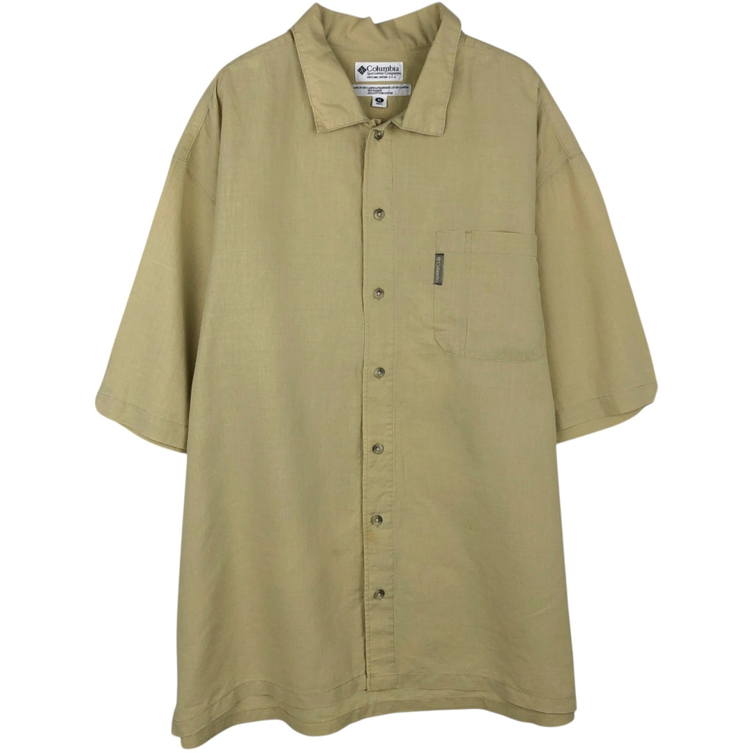 90s-00'S Columbia Short-Sleeve Cotton x Linen Box Shirt, Men's XL (approx.) Vintage linen Khaki type Vintage Second Hand