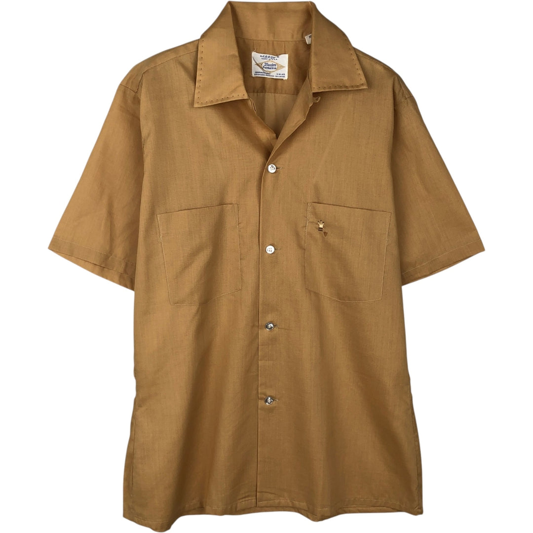 1970'S Arrow Decton PermaIron Short-Sleeve Open-Collar Polyester Box Shirt, Made in USA, Men's Size S (Equivalent), Vintage polyester ocher yellow type Vintage Second Hand