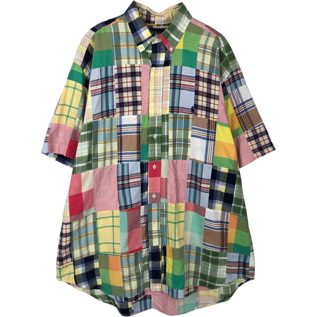 Ralph Lauren BLAKE patchwork short sleeve button down check shirt men's size L cotton multicolor Vintage Second Hand