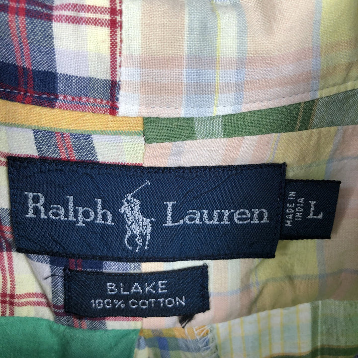 Ralph Lauren BLAKE patchwork short sleeve button down check shirt men's size L cotton multicolor Vintage Second Hand