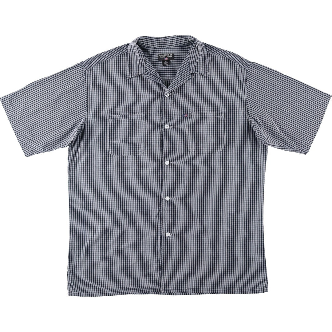 2000'S Ralph Lauren POLO JEANS COMPANY Check Pattern Short-Sleeve Open Collar Cotton Shirt, Boxy Fit, Men's Size M (approx.) cotton navy blue type Vintage Second Hand