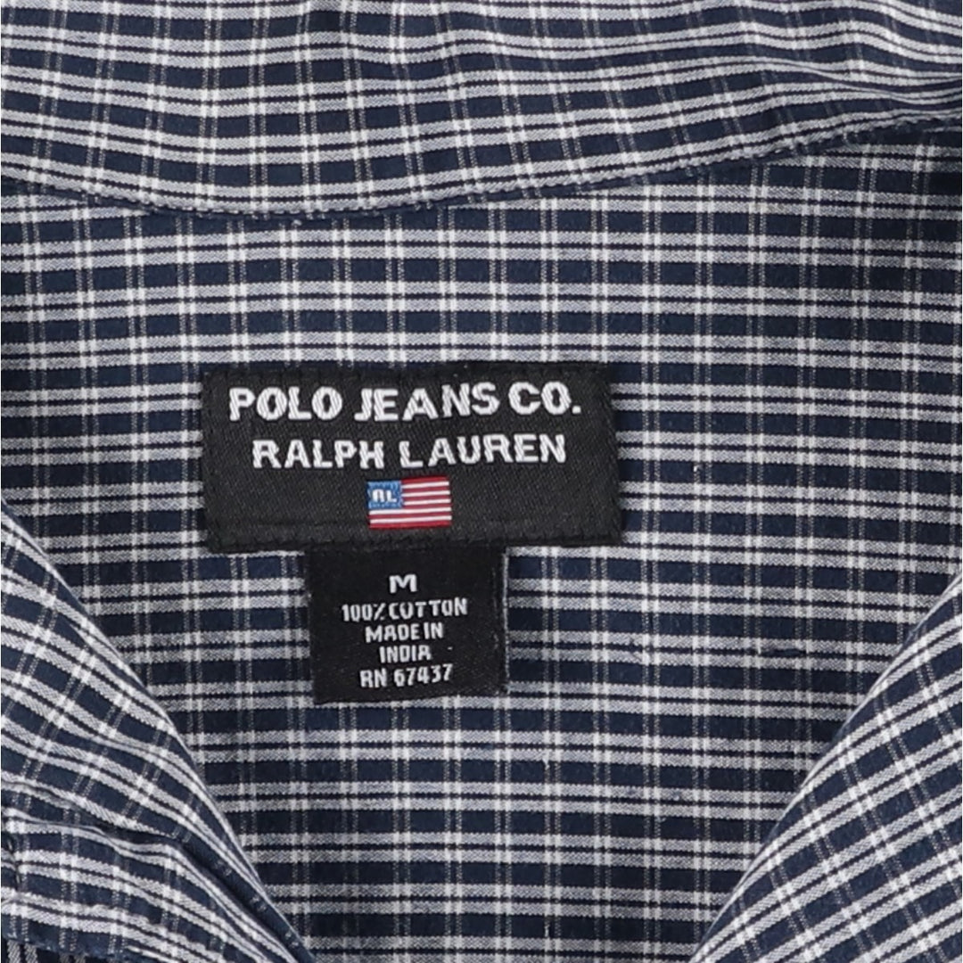 2000'S Ralph Lauren POLO JEANS COMPANY Check Pattern Short-Sleeve Open Collar Cotton Shirt, Boxy Fit, Men's Size M (approx.) cotton navy blue type Vintage Second Hand