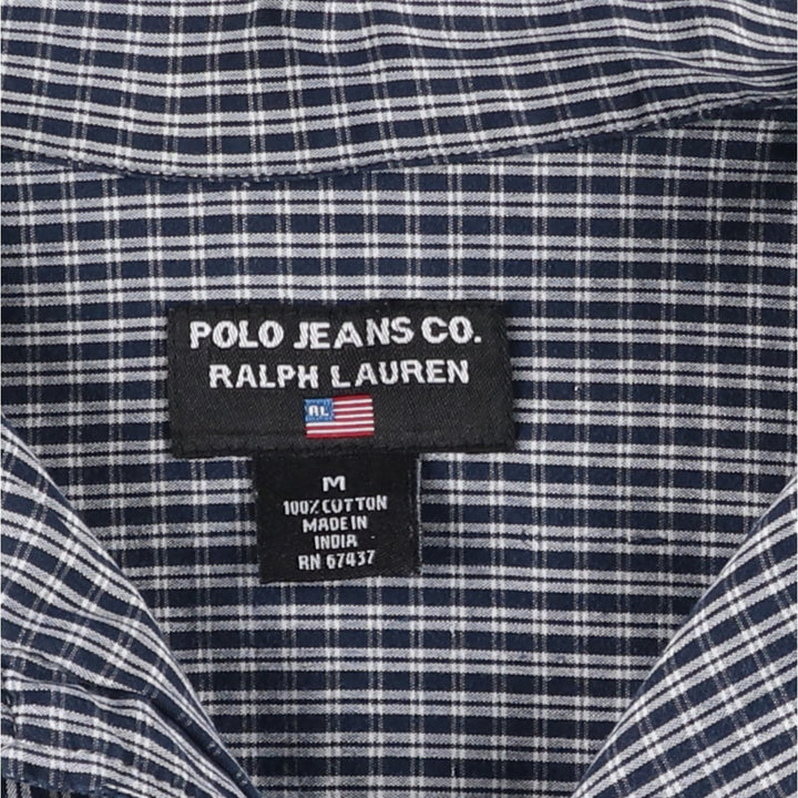 2000'S Ralph Lauren POLO JEANS COMPANY Check Pattern Short-Sleeve Open Collar Cotton Shirt, Boxy Fit, Men's Size M (approx.) cotton navy blue type Vintage Second Hand