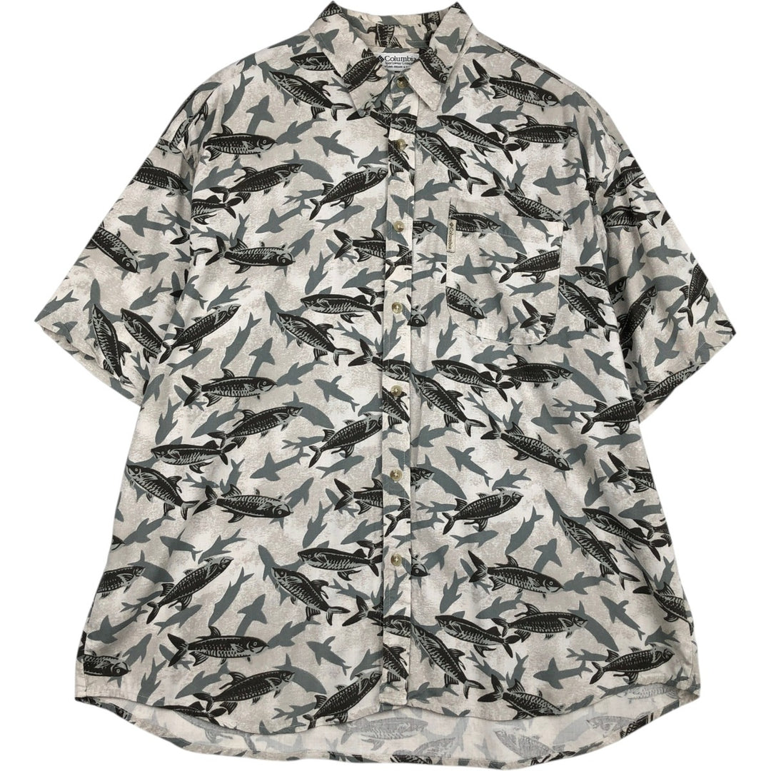 90s-00'S Columbia short-sleeved rayon shirt with all-over fish print, men's size XL. Rayon white type Vintage Second Hand