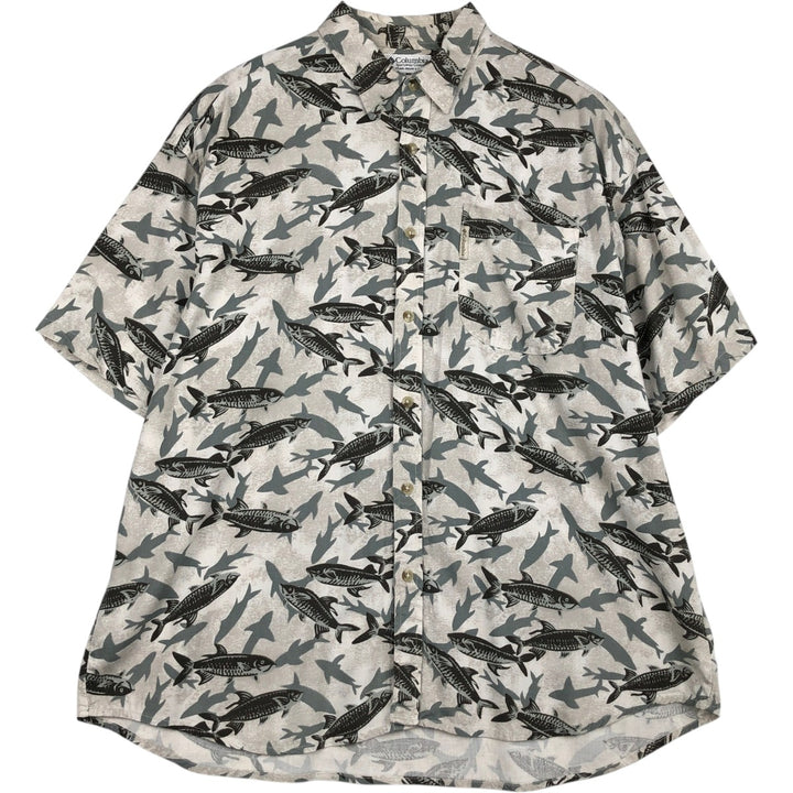 90s-00'S Columbia short-sleeved rayon shirt with all-over fish print, men's size XL. Rayon white type Vintage Second Hand