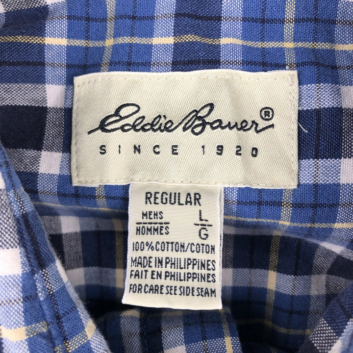 90s-00'S Eddie Bauer Short-Sleeve Button-Down Check Shirt, Men's Size L (Equivalent), Vintage cotton blue type Vintage Second Hand