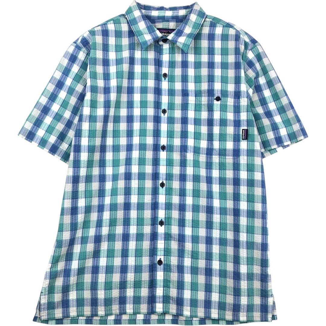 Patagonia 53002sp14 Check Pattern Short-Sleeve Seersucker Shirt, Men's Size M (approx.) polyester blue type Vintage Second Hand